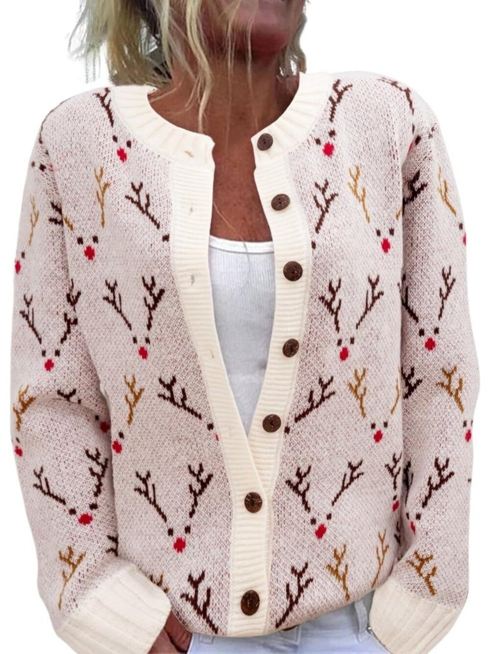Women’s Cream Reindeer Rudolph Ugly Christmas Knit Button Cardigan Sweater